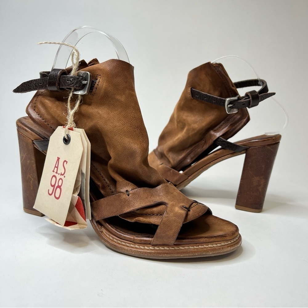 NEW A.S.98 Cognac Brown Distressed Leather Slouchy Strap Western Sandals Heels